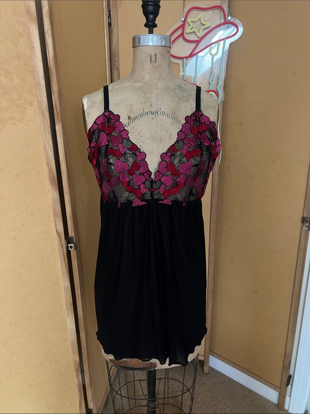 Black Chemise Nightdress with Pink & Red Floral Lace Bodice